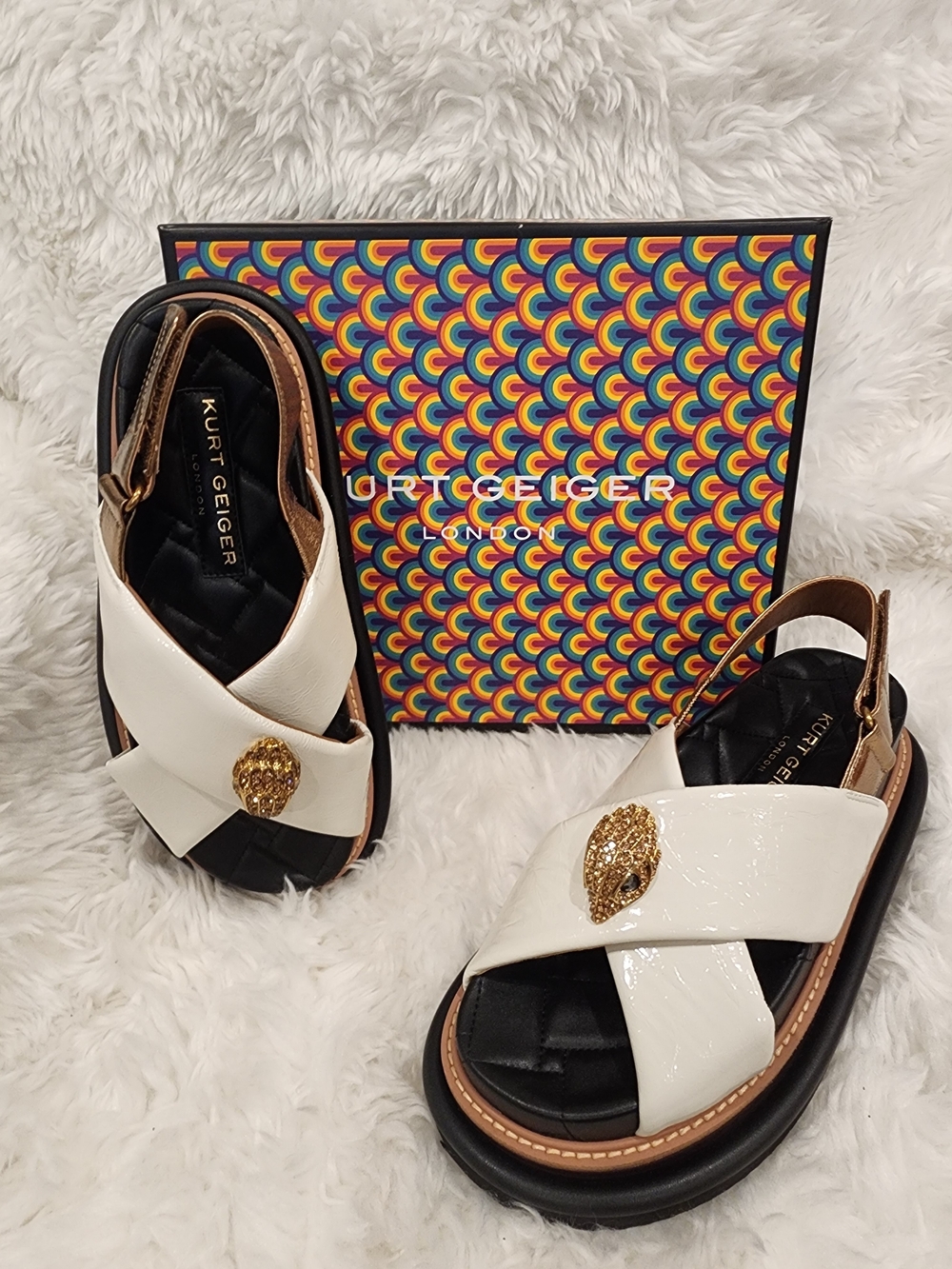 Kurt Geiger White Leather Cross-Strap Sandals with Gold Accent